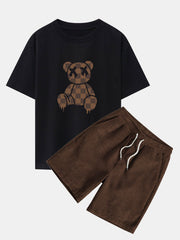 Checkerboard Dissolving Bear Drop Shoulder Oversize T-Shirt & Corduroy Shorts