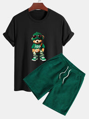 Regular Fit Trendy Bear Print Cotton T-Shirt & Drawstring Corduroy Shorts