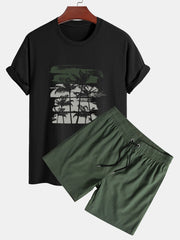Palm Tree Silhouette Print Cotton T-Shirt & Solid Drawstring Swim Shorts