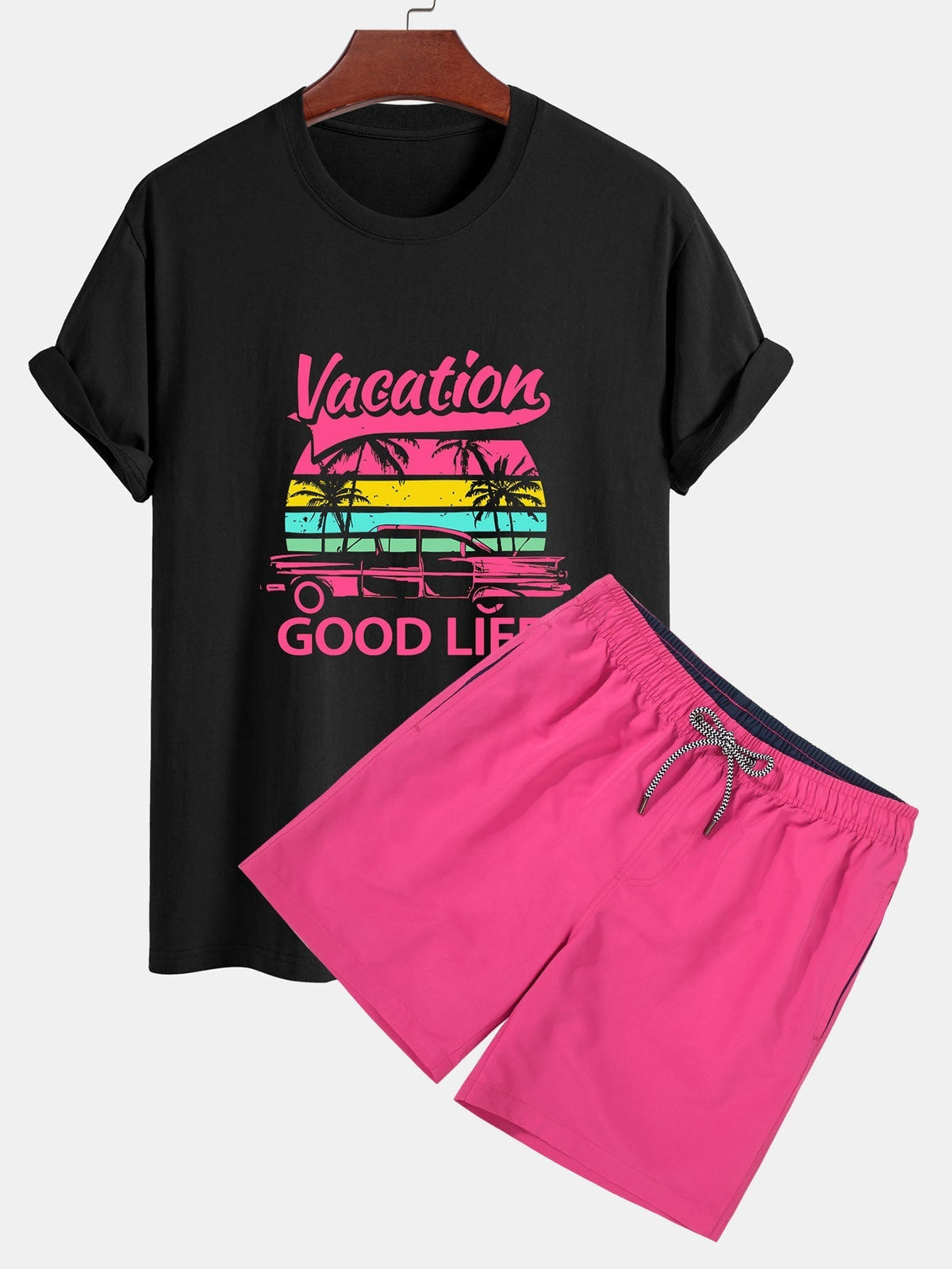 Regular Fit Good Life On Vacation Print Cotton T-Shirt & Contrast Waistband Swim Shorts