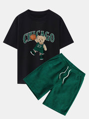 Chicago Basketball Bear Print Drop Shoulder Oversize T-Shirt & Drawstring Corduroy Shorts