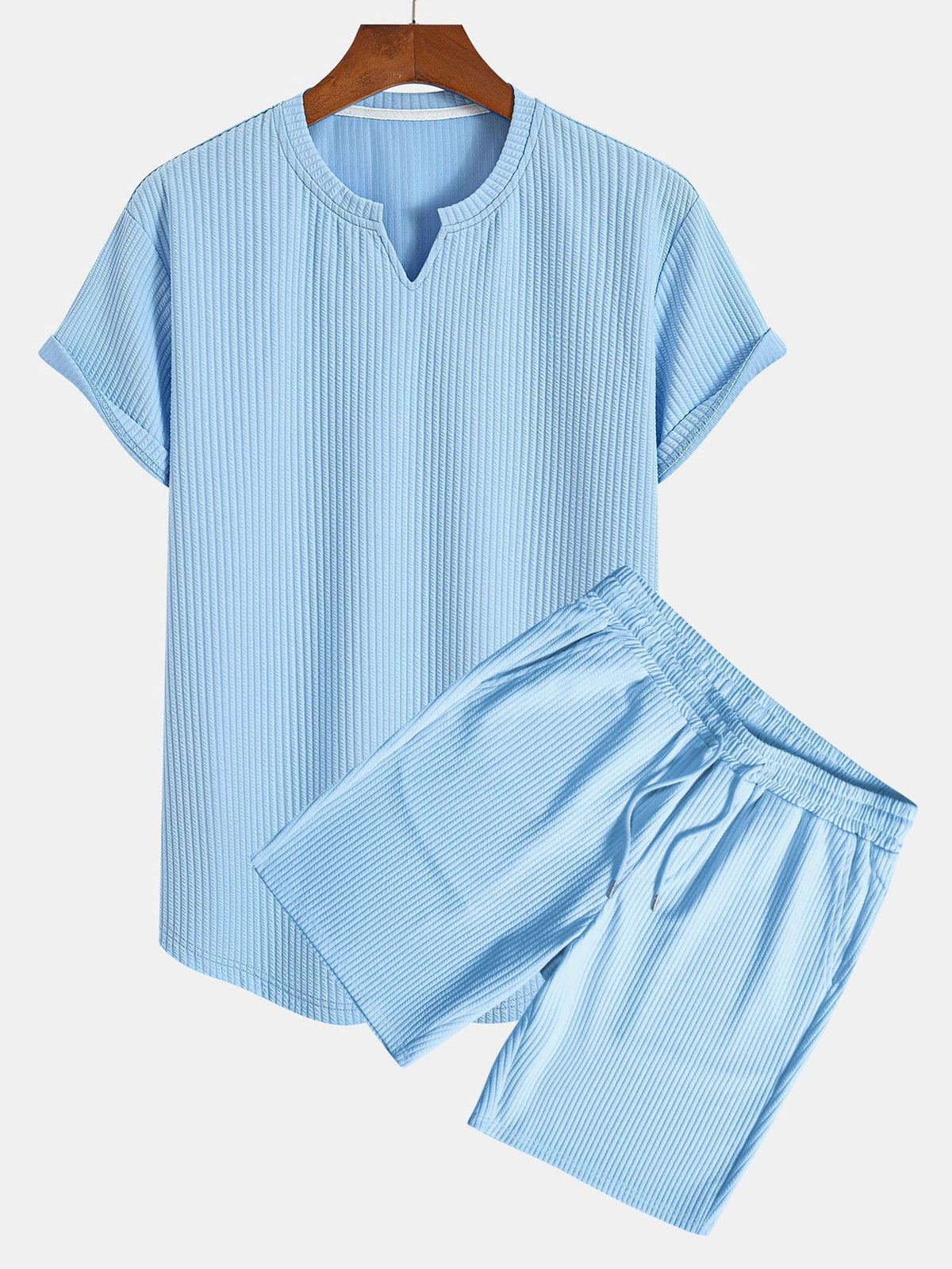 Muscle Fit Notch Ribbed Arc Hem T-Shirt & Drawstring Ribbed Shorts