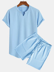 Muscle Fit Notch Ribbed Arc Hem T-Shirt & Drawstring Ribbed Shorts