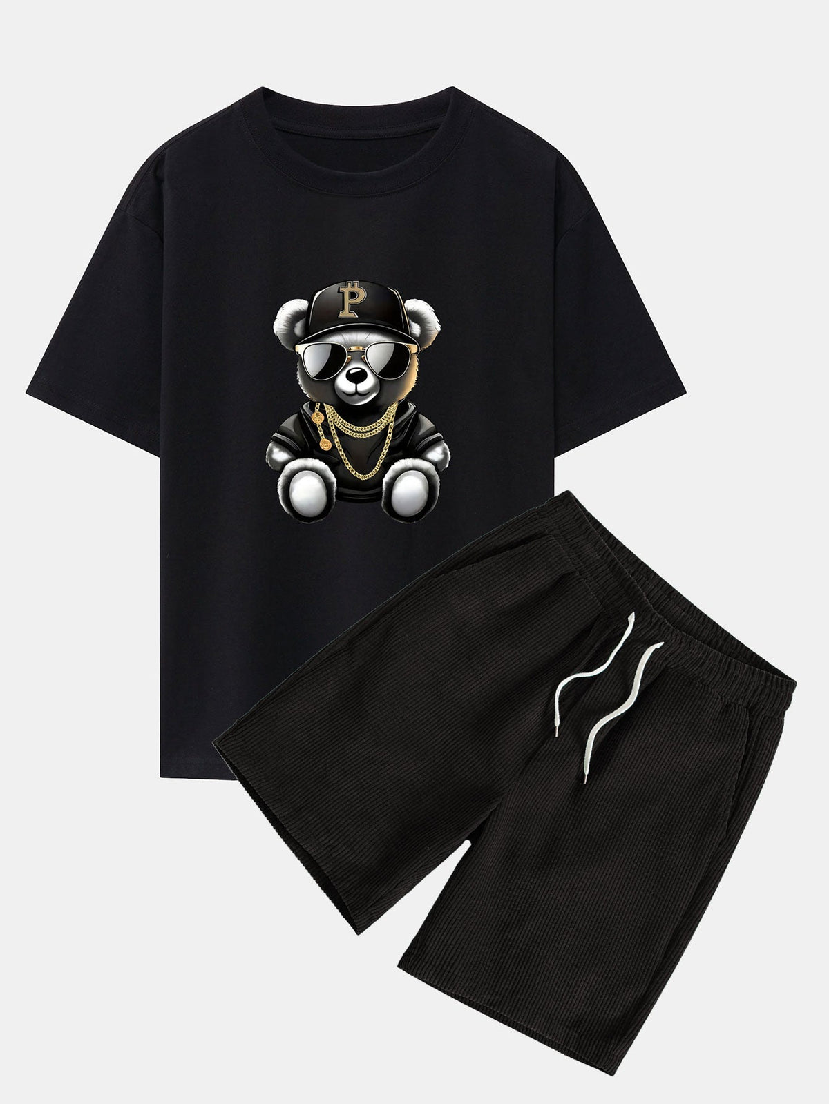 Hip Hop Bear Print Drop Shoulder Oversize T-Shirt & Drawstring Corduroy Shorts