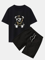 Hip Hop Bear Print Drop Shoulder Oversize T-Shirt & Drawstring Corduroy Shorts
