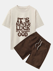 God Slogan Print Drop Shoulder Oversize T-Shirt  & Drawstring Corduroy Shorts