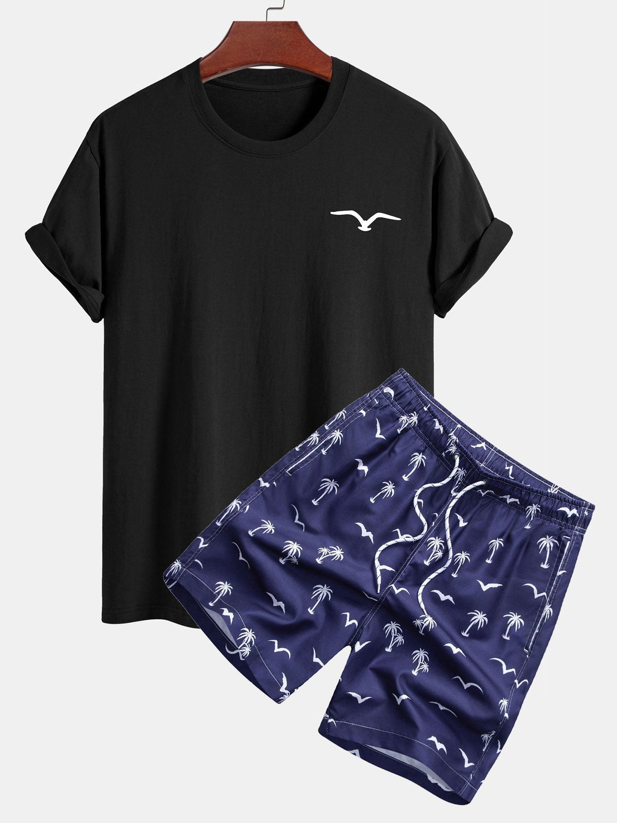 Regular Fit Seagull Print Cotton T-Shirt & Palm Tree Seagull Print Swim Shorts