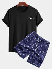 Regular Fit Seagull Print Cotton T-Shirt & Palm Tree Seagull Print Swim Shorts