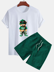 Regular Fit Trendy Bear Print Cotton T-Shirt & Drawstring Corduroy Shorts