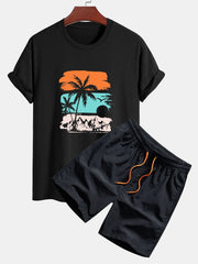 Regular Fit Palm Tree Silhouette Print Cotton T-Shirt & Swim Shorts