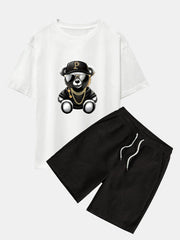Hip Hop Bear Print Drop Shoulder Oversize T-Shirt & Drawstring Corduroy Shorts