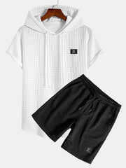 Waffle Hooded Arc Hem T-Shirt & Waffle Drawstring Shorts