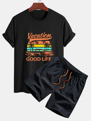 Regular Fit Good Life On Vacation Print Cotton T-Shirt & Man Mid Length Drawstring Swim Shorts