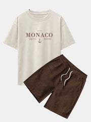 Monaco Slogan Print Drop Shoulder Oversize T-Shirt & Drawstring Corduroy Shorts
