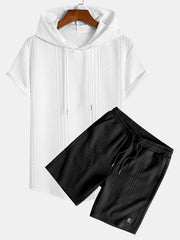 Geometry Jacquard Hooded Arc Hem T-Shirt & Geometric Jacquard Drawstring Shorts