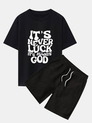 God Slogan Print Drop Shoulder Oversize T-Shirt  & Drawstring Corduroy Shorts