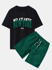 New York Print Drop Shoulder Oversize T-Shirt & Drawstring Corduroy Shorts
