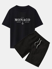 Monaco Slogan Print Drop Shoulder Oversize T-Shirt & Drawstring Corduroy Shorts