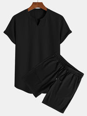 Muscle Fit Notch Ribbed Arc Hem T-Shirt & Drawstring Ribbed Shorts