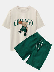 Chicago Basketball Bear Print Drop Shoulder Oversize T-Shirt & Drawstring Corduroy Shorts