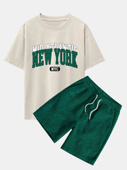 New York Print Drop Shoulder Oversize T-Shirt & Drawstring Corduroy Shorts