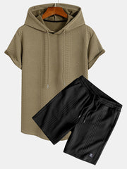 Geometry Jacquard Hooded Arc Hem T-Shirt & Geometric Jacquard Drawstring Shorts