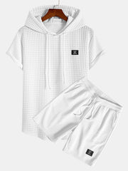 Waffle Hooded Arc Hem T-Shirt & Waffle Drawstring Shorts