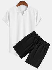 Muscle Fit Notch Ribbed Arc Hem T-Shirt & Drawstring Ribbed Shorts