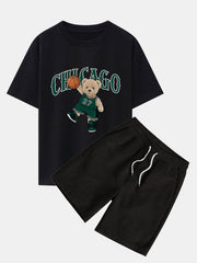 Chicago Basketball Bear Print Drop Shoulder Oversize T-Shirt & Drawstring Corduroy Shorts