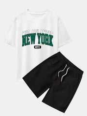 New York Print Drop Shoulder Oversize T-Shirt & Drawstring Corduroy Shorts