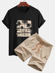 Palm Tree Silhouette Print Cotton T-Shirt & Man Mid Length Drawstring Swim Shorts