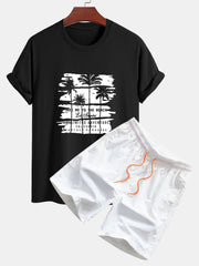 Palm Tree Silhouette Print Cotton T-Shirt & Man Mid Length Drawstring Swim Shorts