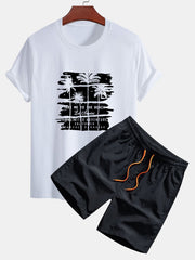 Palm Tree Silhouette Print Cotton T-Shirt & Man Mid Length Drawstring Swim Shorts