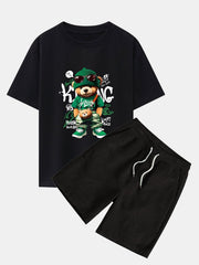 Graffiti Bear Print Drop Shoulder Oversize T-Shirt & Drawstring Corduroy Shorts