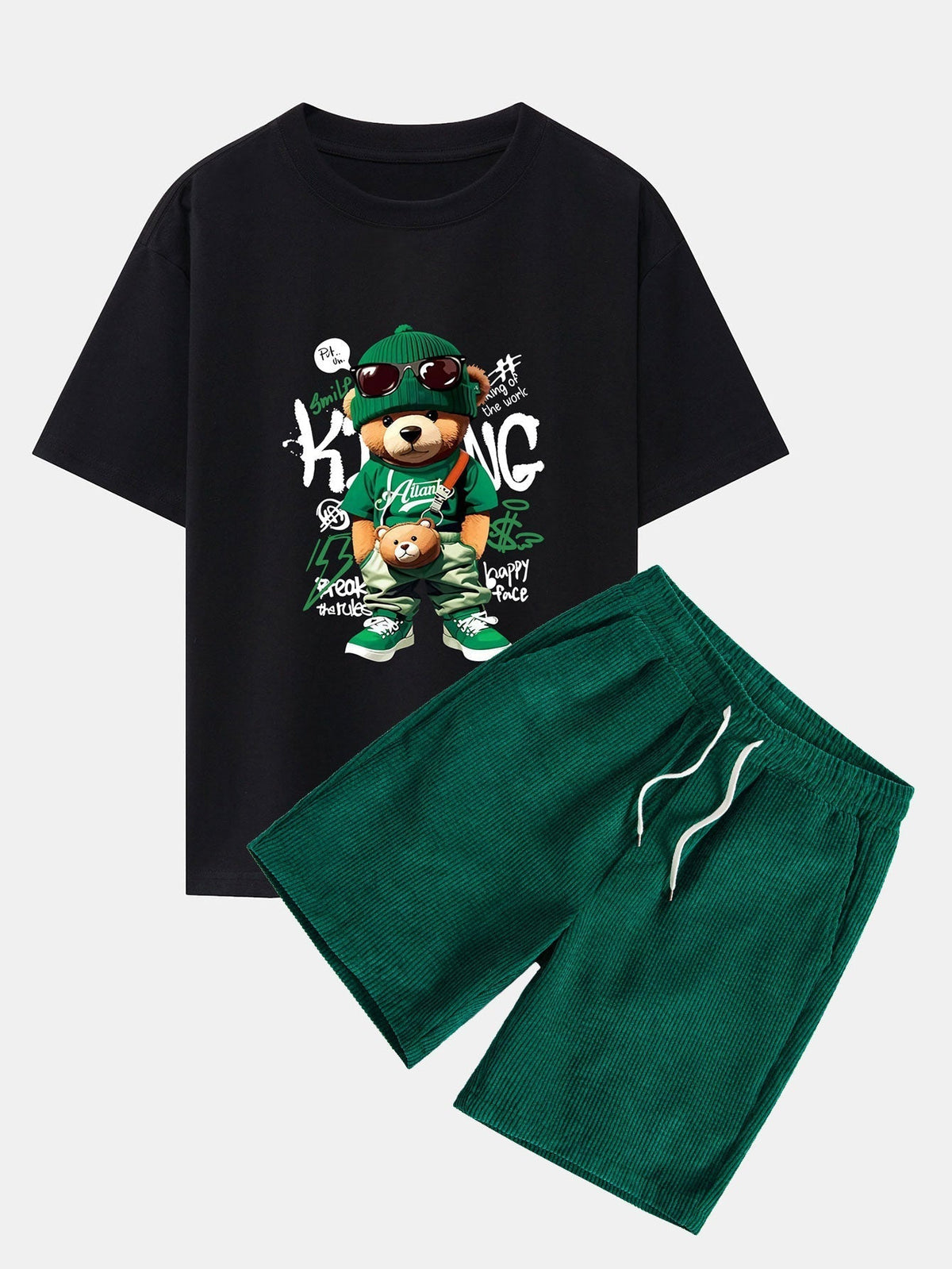Graffiti Bear Print Drop Shoulder Oversize T-Shirt & Drawstring Corduroy Shorts