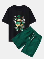 Graffiti Bear Print Drop Shoulder Oversize T-Shirt & Drawstring Corduroy Shorts
