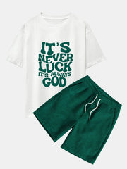 God Slogan Print Drop Shoulder Oversize T-Shirt & Drawstring Corduroy Shorts