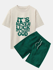 God Slogan Print Drop Shoulder Oversize T-Shirt & Drawstring Corduroy Shorts
