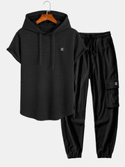 Waffle Hooded Arc Hem T-Shirt & Drawstring Corduroy Cargo Jogger Pants