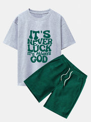 God Slogan Print Drop Shoulder Oversize T-Shirt & Drawstring Corduroy Shorts