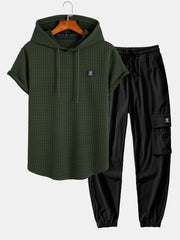 Waffle Hooded Arc Hem T-Shirt & Drawstring Corduroy Cargo Jogger Pants