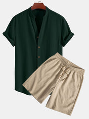 Wrinkled Textured V Neck Shirt & Wrinkled Textured Drawstring Shorts