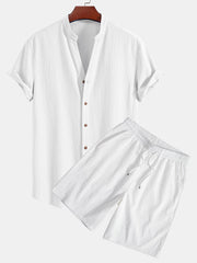 Wrinkled Textured V Neck Shirt & Wrinkled Textured Drawstring Shorts