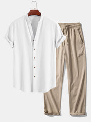 Wrinkled Textured V Neck Shirt & Wrinkle Textured Straight Leg Pants