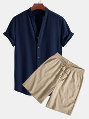 Wrinkled Textured V Neck Shirt & Wrinkled Textured Drawstring Shorts