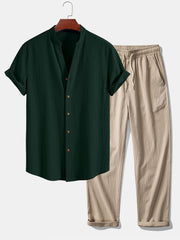 Wrinkled Textured V Neck Shirt & Wrinkle Textured Straight Leg Pants