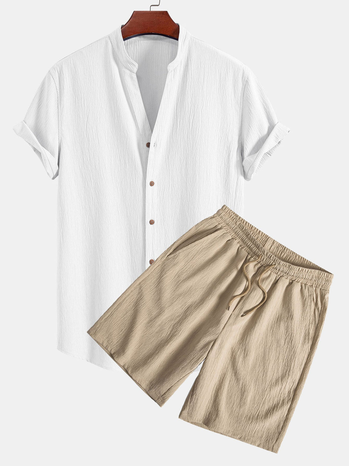 Wrinkled Textured V Neck Shirt & Wrinkled Textured Drawstring Shorts