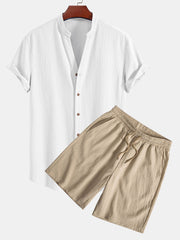 Wrinkled Textured V Neck Shirt & Wrinkled Textured Drawstring Shorts