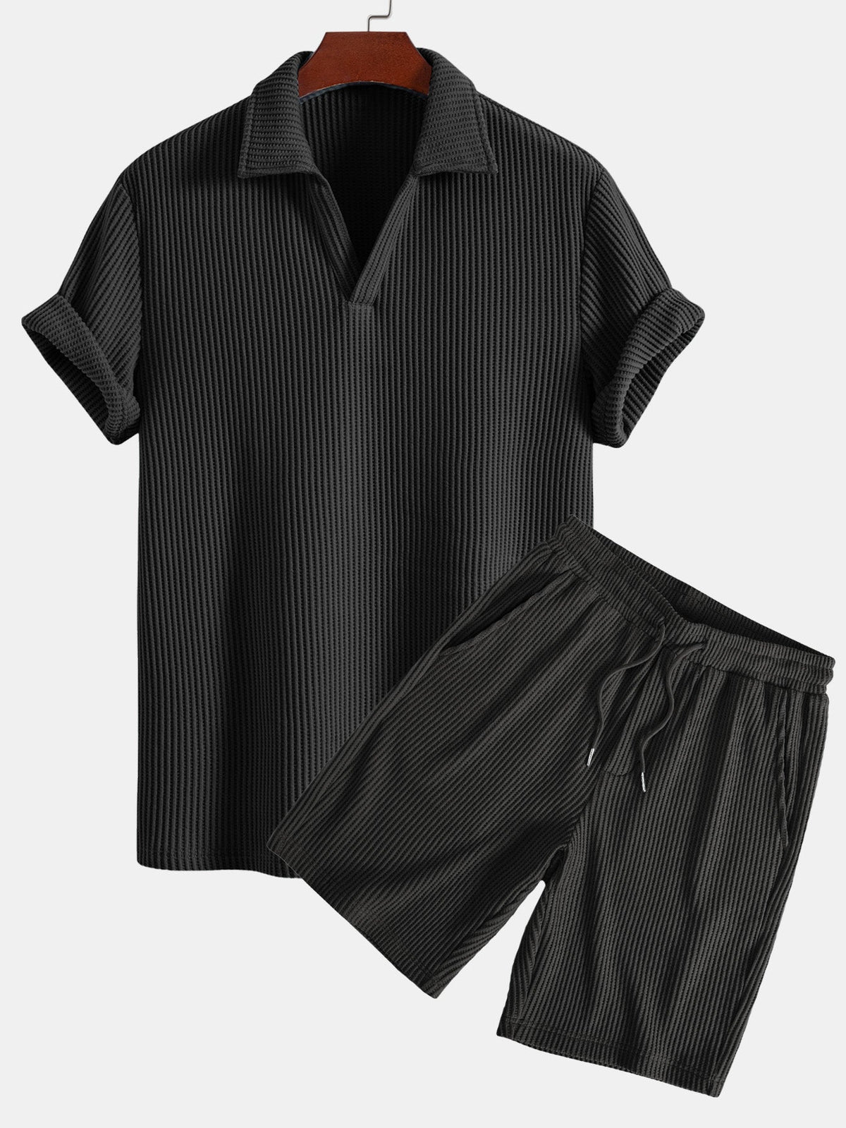 Short Sleeved Waffle V-neck Polo & Drawstring Knitted Waffle Shorts