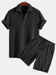 Short Sleeved Waffle V-neck Polo & Drawstring Knitted Waffle Shorts